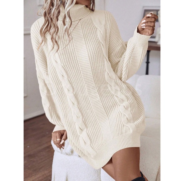 Beige Oversized Sweater Dress Cable Knit Turtleneck Long Sleeve  Mini - Picture 3 of 8